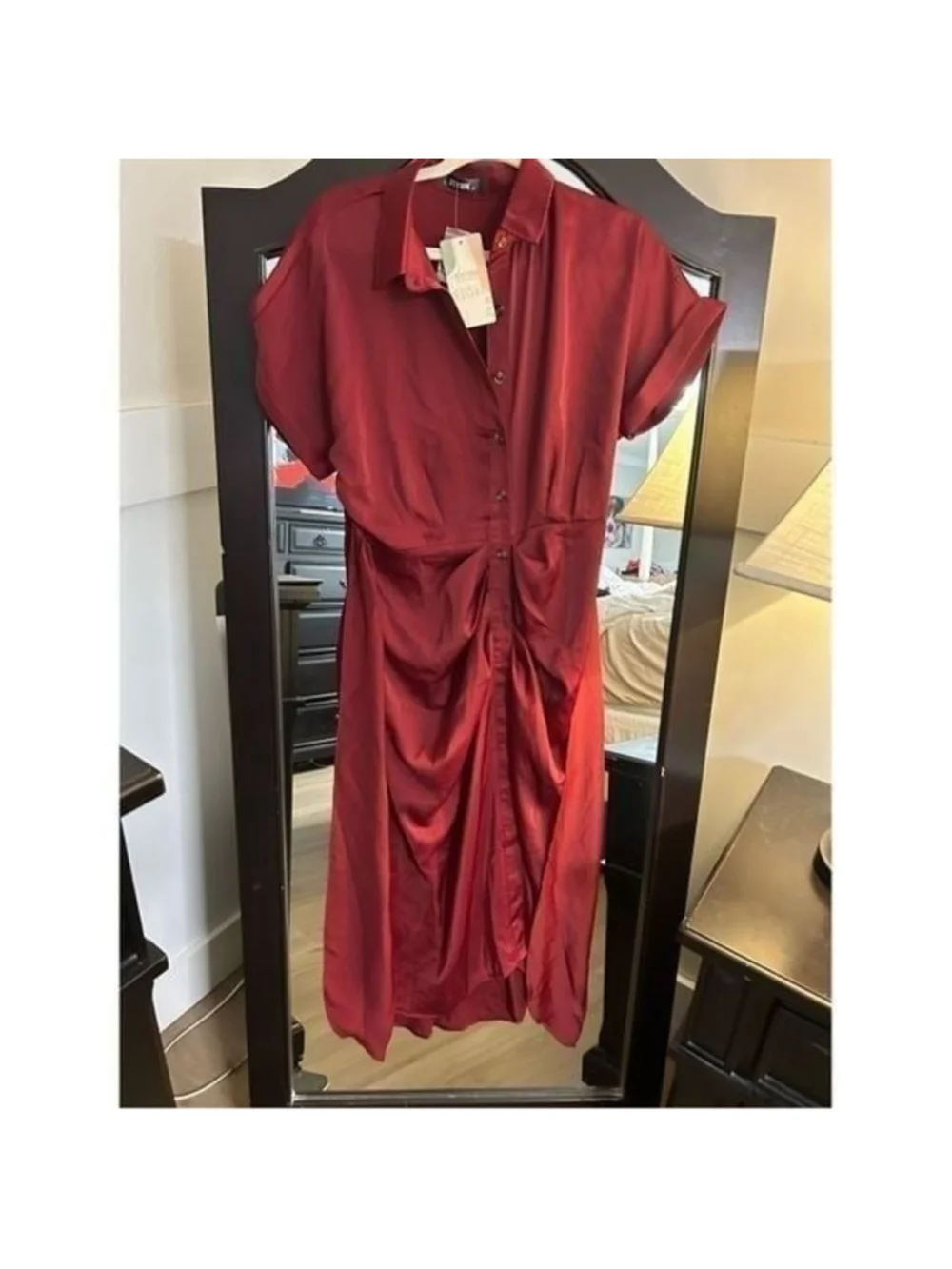 NEW Ruched Button Up Shirt Long Dress Satin M - Picture 3 of 5